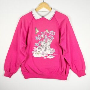 VTG Morning Sun Kittens Cat Sweatshirt Grandma Grannycore Pink Collared L 90s